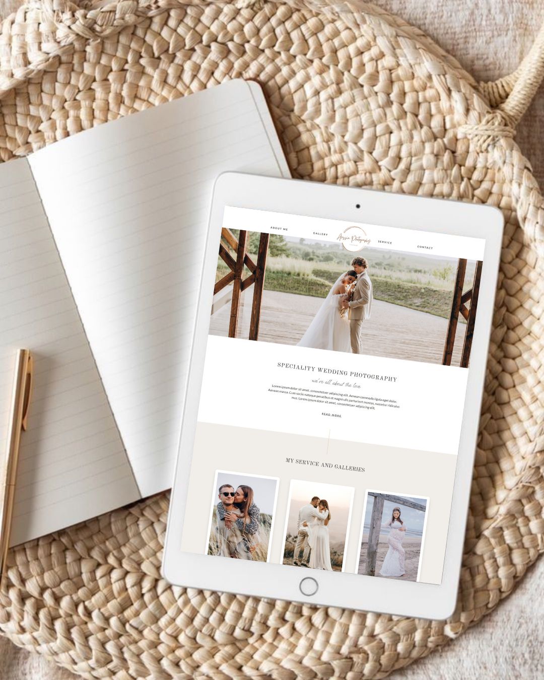 Tablet-Mockup einer Webseite für ein Fotografen Studio – modernes, feminines Webdesign von Kristina Webdesigns aus Hamburg.
