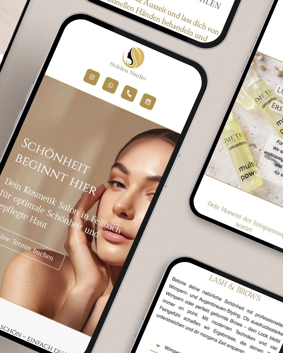 Ansicht der Golden-Studio-Webseite auf einem Smartphone – klare Struktur, elegante Farben und Nutzerfreundlichkeit.